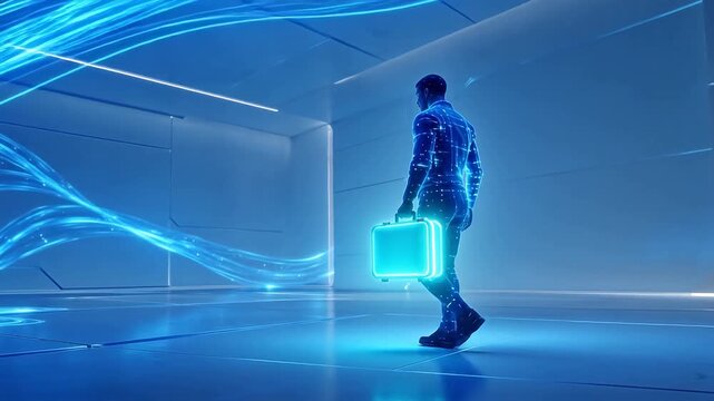 Man with glowing briefcase in futuristic corridor