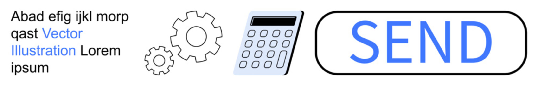 Technology, efficiency, workflow, productivity, operations, innovation. Cogs, calculator and a send button in a minimal design. Technology and efficiency concepts