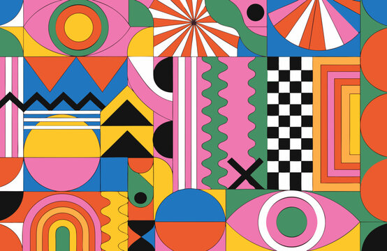 Vibrant Minimalist Art with Eyes and Decorative Geometric Elements