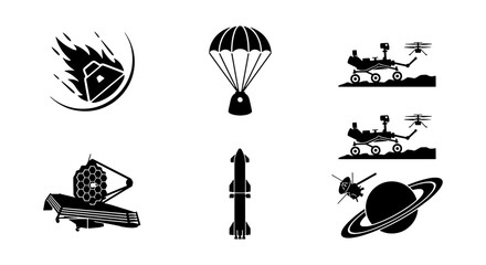Space Exploration Icons Set: Rocket Launch, Mars Rover, Space Telescope, Asteroid Impact, Parachute Landing, Saturn Orbit - Vector Graphics for Science & Technology Concepts © Abrar