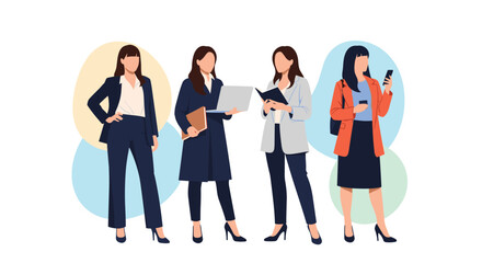 Obraz premium Professional businesswomen in stylish corporate attire standing confidently and performing different work-related tasks.