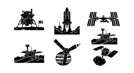 Space Exploration Icons: Lunar Lander, Rocket Launch, Space Station, Rovers, Satellite Set, Vector Graphics for Science and Technology © Abrar