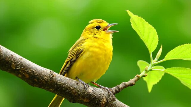 A vibrant yellow bird perched on a branch, set against a green bokeh backdrop