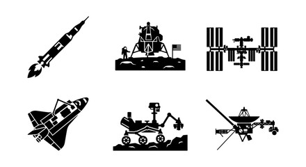 Space Exploration Icons: Rocket, Lunar Lander, Space Station, Shuttle, Rover, Satellite Vector Set © Zahirul