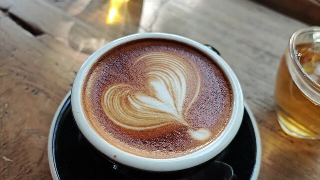 Close up of latte art creation, milk poured from a mug.