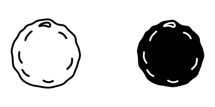 Outline and solid black silhouette of a round, rustic shaped bread with wavy edges and small notches on a plain white background for food design.