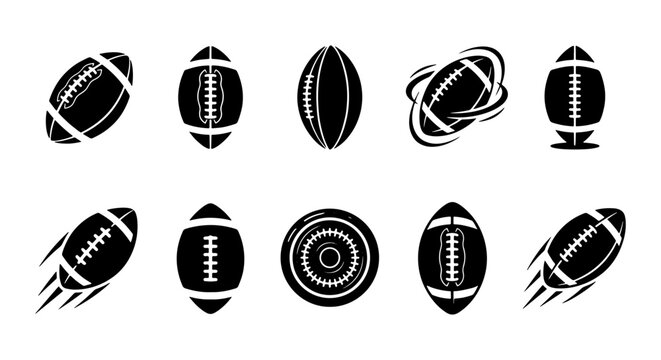 American Football Icon Set, Rugby Ball Graphics, Sports Equipment Vector Collection, Game Day Elements