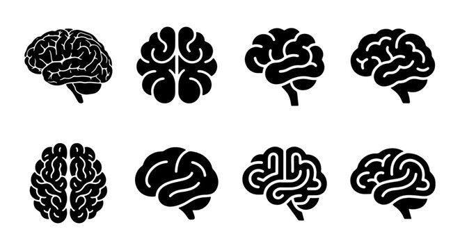 Set of 8 Black Brain Icons, Medical and Science Vector Graphics, Human Anatomy and Neurology Concepts, Cognitive Function Symbols