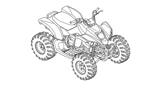 Detailed line drawing of a four-wheeled all-terrain vehicle (ATV) with knobby tires, handlebars, and a rugged chassis, presented in a clean, isolated white background.