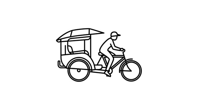 A simple black and white line drawing of a person riding a cycle rickshaw, a common mode of transport in many parts of Asia.
