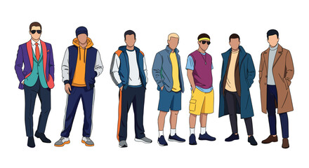 Obraz premium Men's fashion collection displays various stylish outfits ranging from formal suits and long coats to casual streetwear and athletic gear.