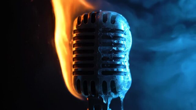 A vintage microphone is split in half by fire and ice, creating a contrasting visual of heat and cold