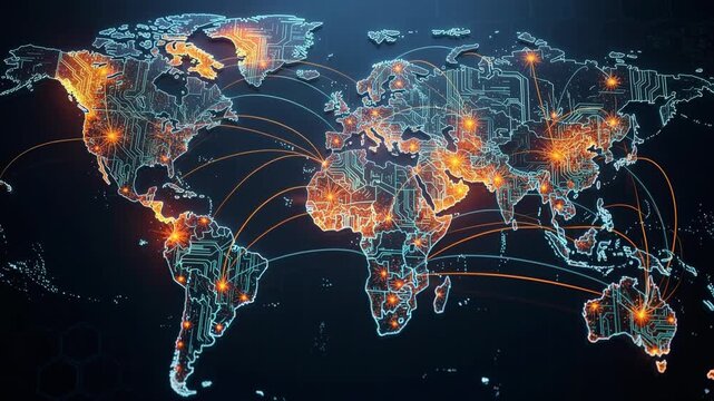 Global digital network map with glowing connections and technology circuit patterns representing worldwide communication and data exchange