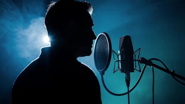 Silhouette of male singer recording music in professional studio with microphone and pop filter