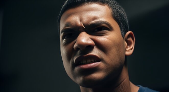 Angry Man Grimacing with Tense Expression, Intense Close-up Portrait