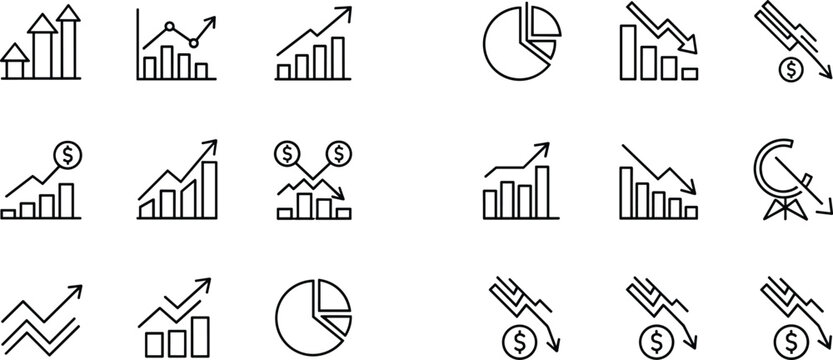 Business finance growth decline icons set charts graphs profit loss symbols outline vector collection