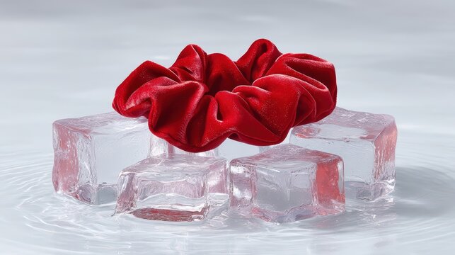 Red velvet hair scrunchie resting on clear ice cubes in rippled water conceptual fashion photography