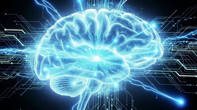 Futuristic glowing digital brain with electric circuits and neural connections technology concept