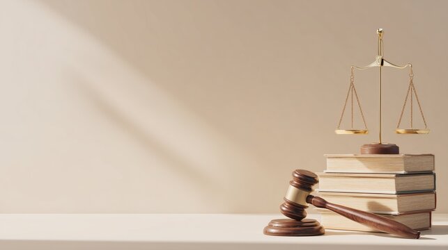  a justice scale placed neatly stacked law books with a wooden judge's gavel, beige background, legal concept, Law theme, copy space