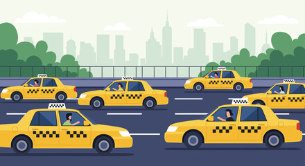 Obraz premium Yellow taxi cabs drive along a busy urban highway with a modern city skyline and green trees in the background illustration.