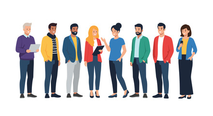 Obraz premium Group of diverse friends in colorful casual clothing stand together in a row smiling and representing a multicultural community or team.