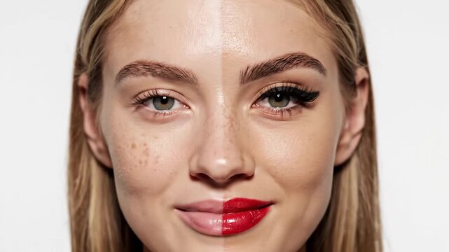 Young woman's face with and without makeup comparison