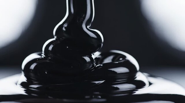 Black Viscous Liquid Slowly Pouring and Swirling on a Dark Reflective Surface