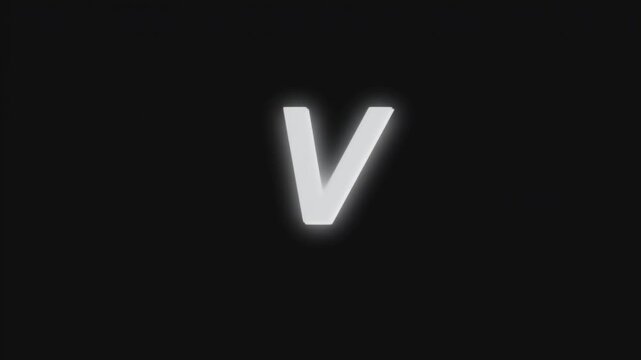 Luminous white letter V with a soft outer glow appearing in a minimalist motion graphic design