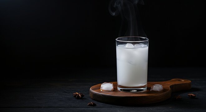 A small, delicate porcelain cup of steaming hot Turkish Raki (anise-flavored spirit) and water mixture (aslan s&uuml;t&uuml; - lion's milk), showing the opaque white color, a few ice cubes, set on a dark wooden