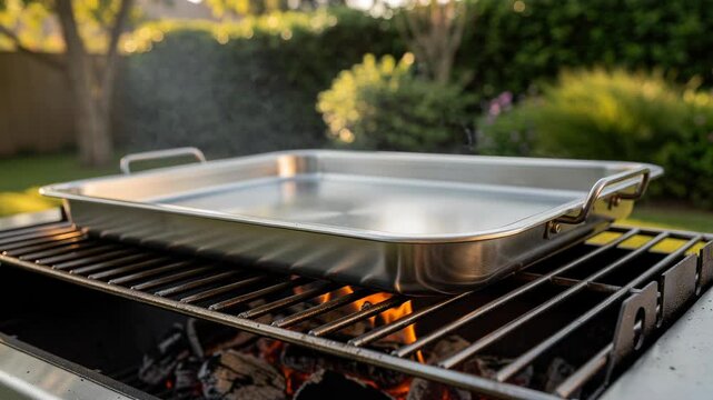 Metal roasting pan on outdoor grill with fire and smoke in backyard garden setting