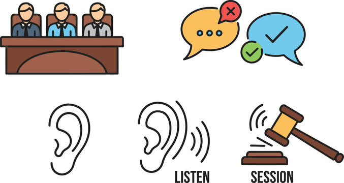 Legal conference icons depicting a professional meeting, feedback bubbles, and a gavel signify the formal processes of judicial deliberation.
