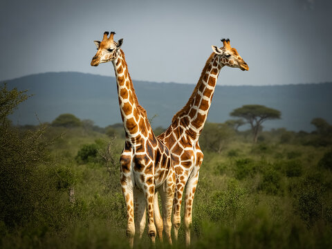 A photograph of two reticulated giraffes standing side by side in a lush African savanna setting .