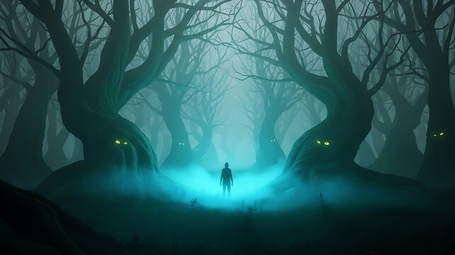 Mysterious silhouette standing in a dark spooky forest with glowing tree eyes