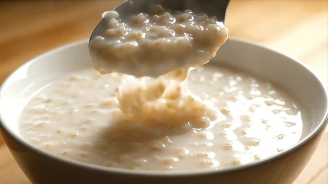 Close up of White Rice Porridge in White Bowl being Stirred by Spoon on Wood Background with Soft Natural Lighting
