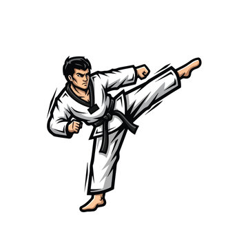 Dynamic illustration of a male martial artist performing a powerful side kick in a white dobok, conveying athletic action and competitive spirit against a clean background