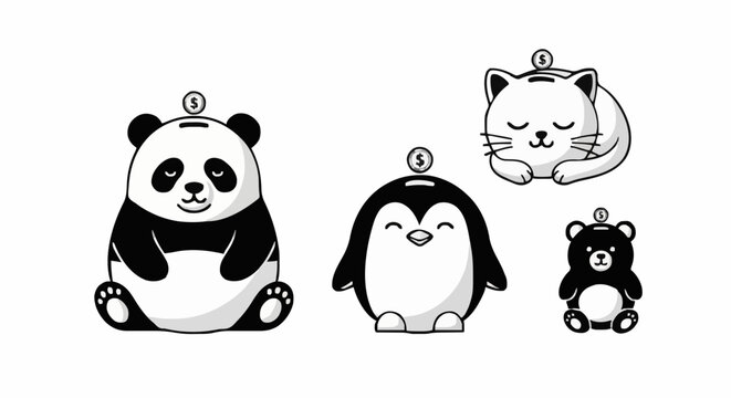 Digital illustration of panda, penguin, cat, and bear characters as charms in a row