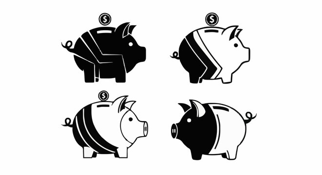 Piggy banks collection facing left and right in black and white orientations