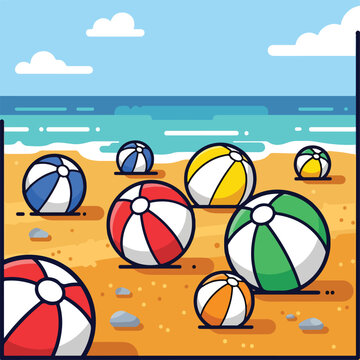 A beach scene with colorful beach balls on the sand