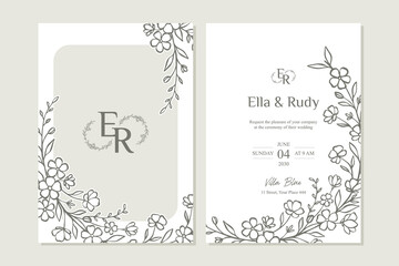 Elegant floral wedding invitation template with minimalist botanical line art © fitradp