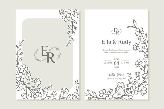 Elegant floral wedding invitation template with minimalist botanical line art