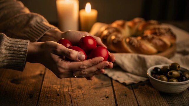 Hands holding red Easter eggs with traditional bread olives candles on rustic wooden table