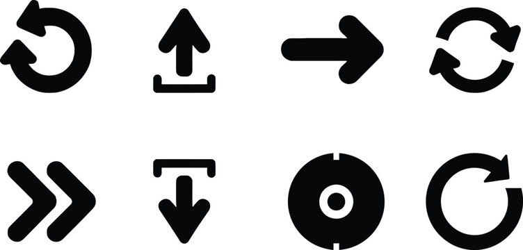 Arrow icons set, navigation and sync arrows, upload download and refresh symbols for UI and app design,