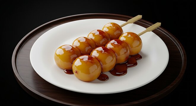 A round white porcelain plate holding a portion of glossy, golden-brown Japanese Dango (sweet rice dumplings on skewers), drizzled with a rich mitarashi (soy sauce glaze), set on a dark wooden chashak