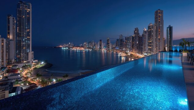 Nighttime cityscape with a rooftop infinity pool overlooking the illuminated bay