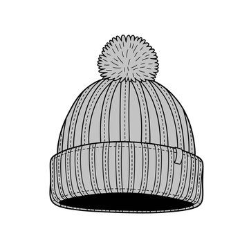 Flat Vector Illustration of a Grey Knitted Winter Beanie Hat with Pom Pom