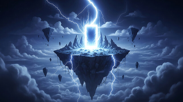 Fantasy floating island with magical glowing portal and powerful lightning bolts