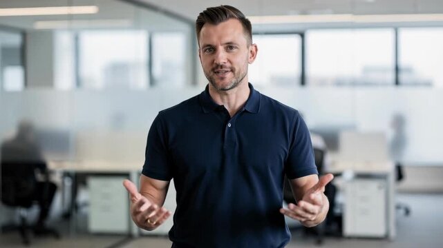 Confident young businessman explaining ideas in modern office environment with colleagues