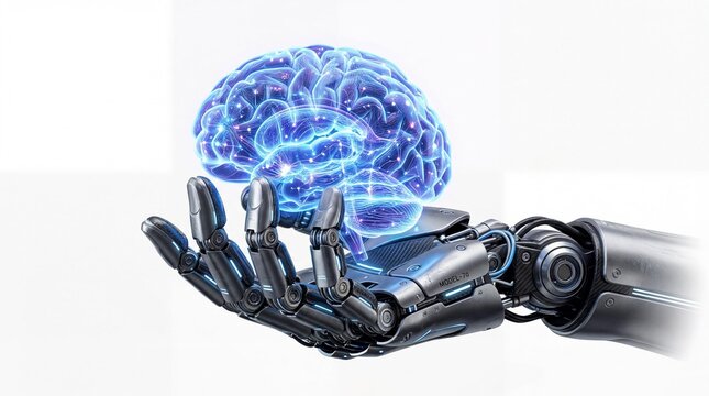 A robotic hand presents a glowing, intricately wired digital brain, embodying advanced artificial intelligence's foundational role in guiding technological evolution