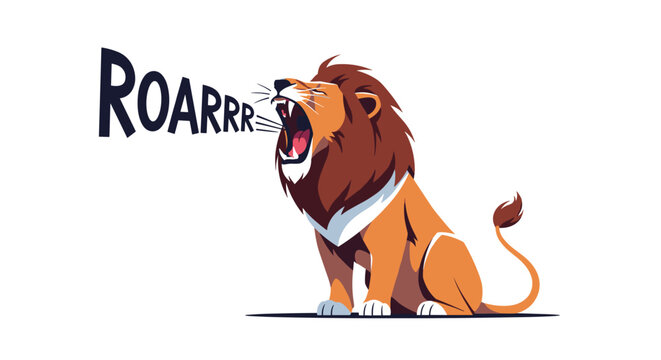 Powerful male lion sitting and roaring loudly with its mouth open wide in simple flat illustration on white background.