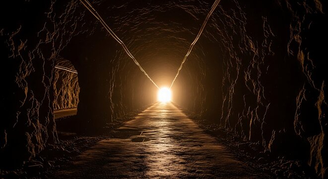 Dark Underground Tunnel Leading to Bright Light in Cave or Mine